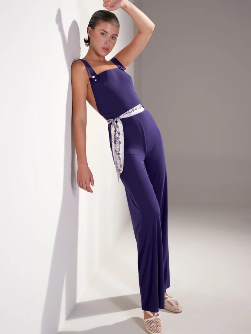 New Pain De Sucre Cira Purple Slimn Fit Wide Leg Overall Jumpsuit